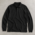 one black men's long sleeve polo shirt with classic collar and three-button placket
