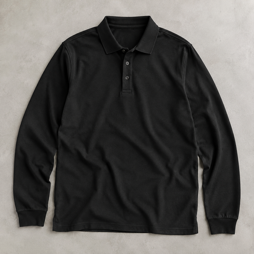 one black men's long sleeve polo shirt with classic collar and three-button placket