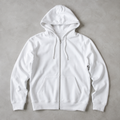 one white men's plain full zip hoodie with drawstring hood and two front pockets, sleeves neatly spread