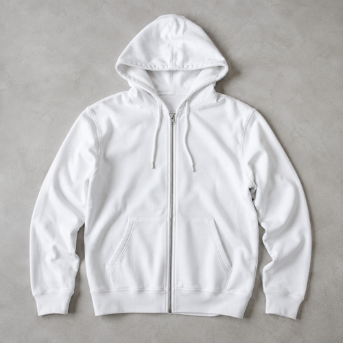 one white men's plain full zip hoodie with drawstring hood and two front pockets, sleeves neatly spread