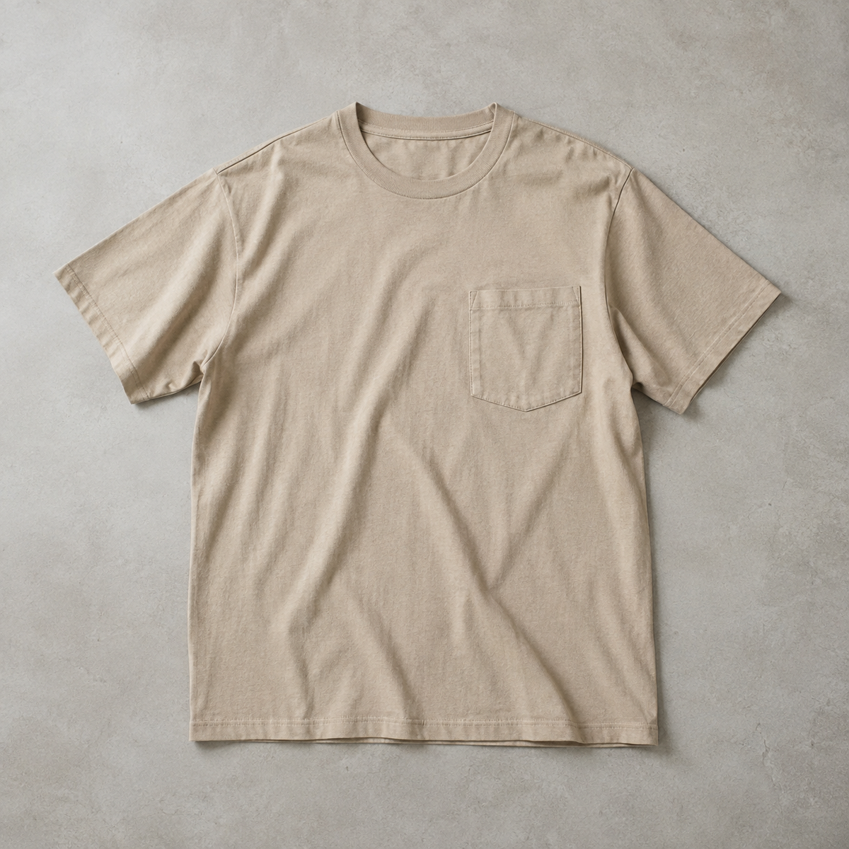 one beige men's short sleeve crew neck t-shirt with a single chest patch pocket