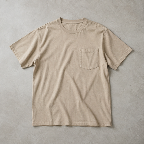 one beige men's short sleeve crew neck t-shirt with a single chest patch pocket
