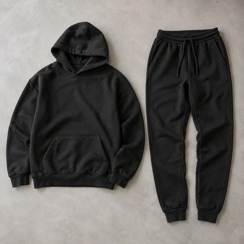 a coordinated black men's two piece outfit consisting of a plain long sleeve pullover hoodie with kangaroo pocket and matching full length cuffed drawstring joggers, both fully visible arranged side by side